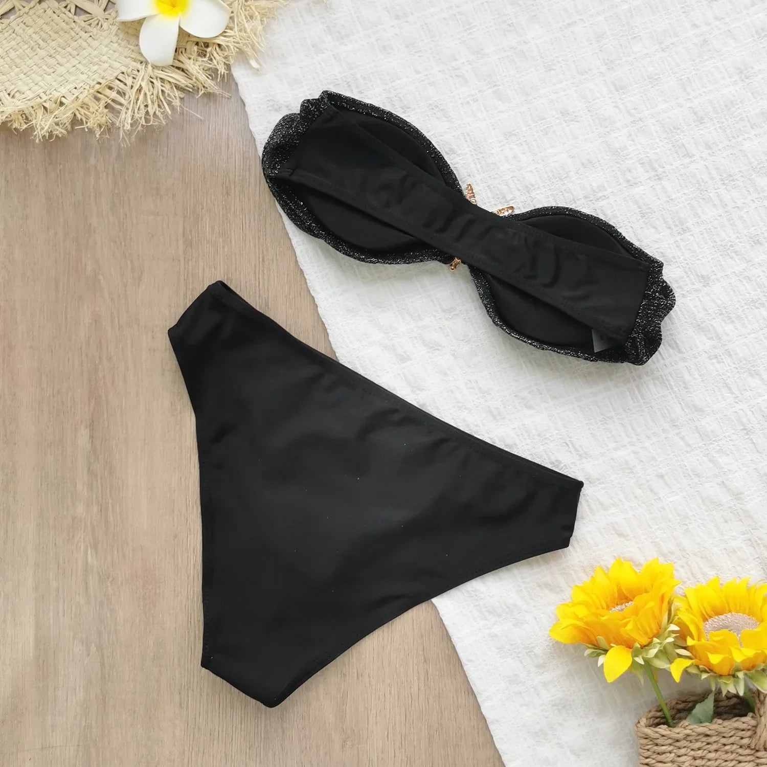 Shiny Black 3 Piece Bikini Metal Starfish Bandeau Push Up High Waist Swimsuit Beach Bathing Suit Pool Swimwear