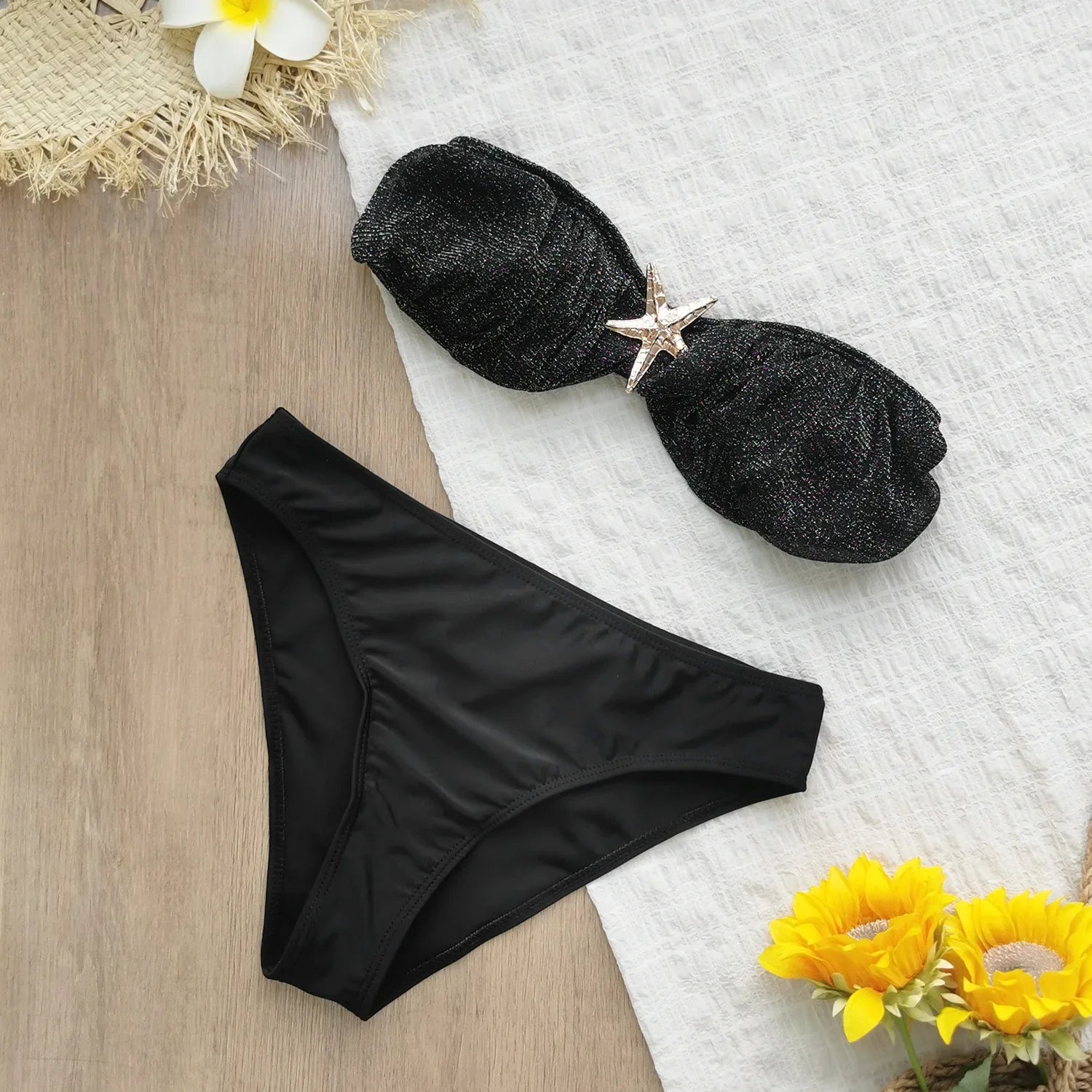Shiny Black 3 Piece Bikini Metal Starfish Bandeau Push Up High Waist Swimsuit Beach Bathing Suit Pool Swimwear