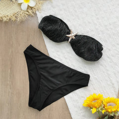 Shiny Black 3 Piece Bikini Metal Starfish Bandeau Push Up High Waist Swimsuit Beach Bathing Suit Pool Swimwear