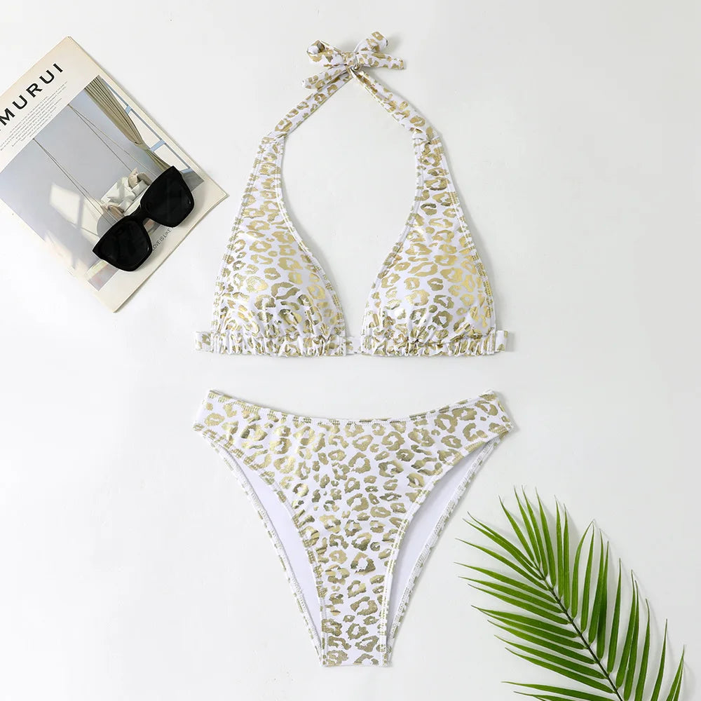 Shiny Black Leopard Print Bikini Set
