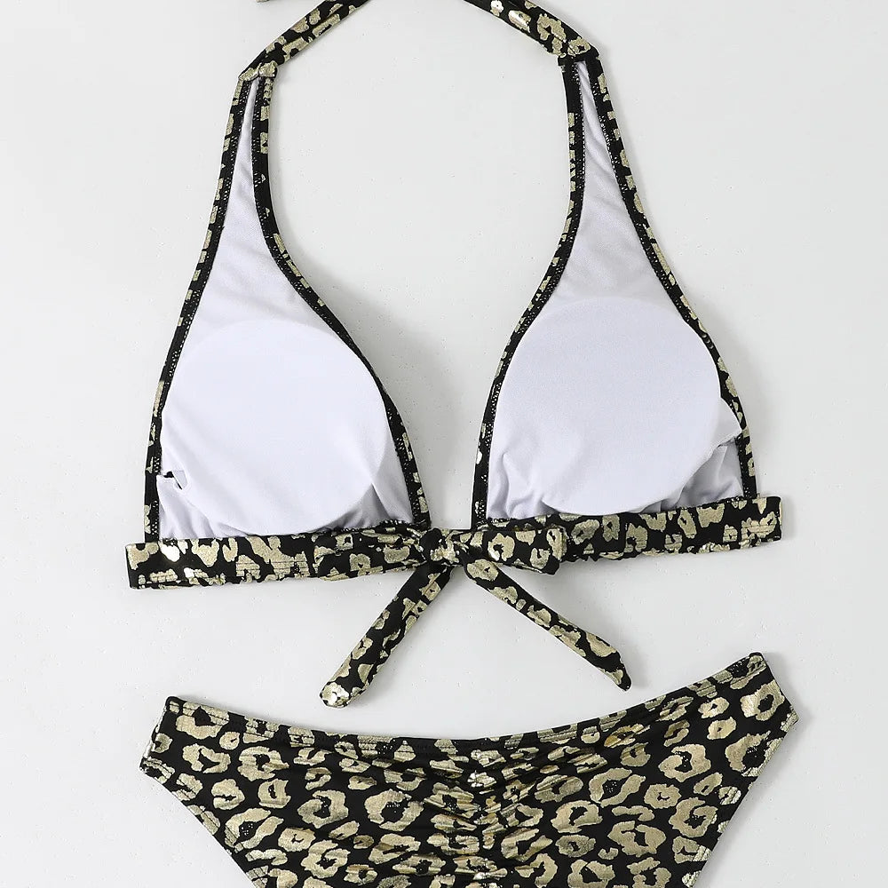 Shiny Black Leopard Print Bikini Set