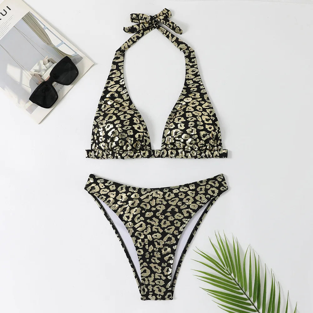 Shiny Black Leopard Print Bikini Set