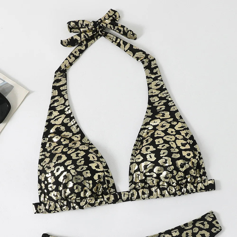 Shiny Black Leopard Print Bikini Set
