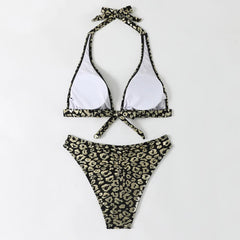Shiny Black Leopard Print Bikini Set