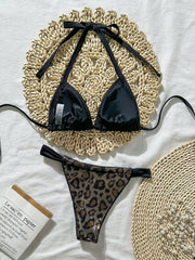 Shiny Brozing Wine Leopard Print Bikini Push Up Bra Pleate Triangle Swimsuit Beach Bathing Suit