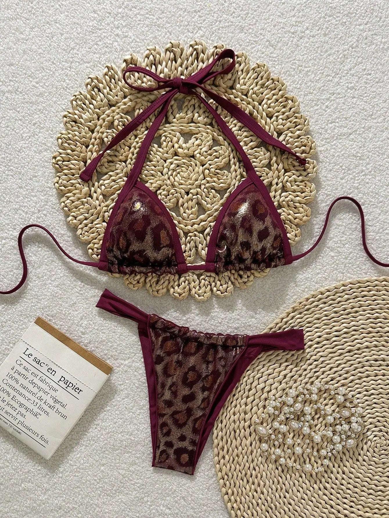 Shiny Brozing Wine Leopard Print Bikini Push Up Bra Pleate Triangle Swimsuit Beach Bathing Suit