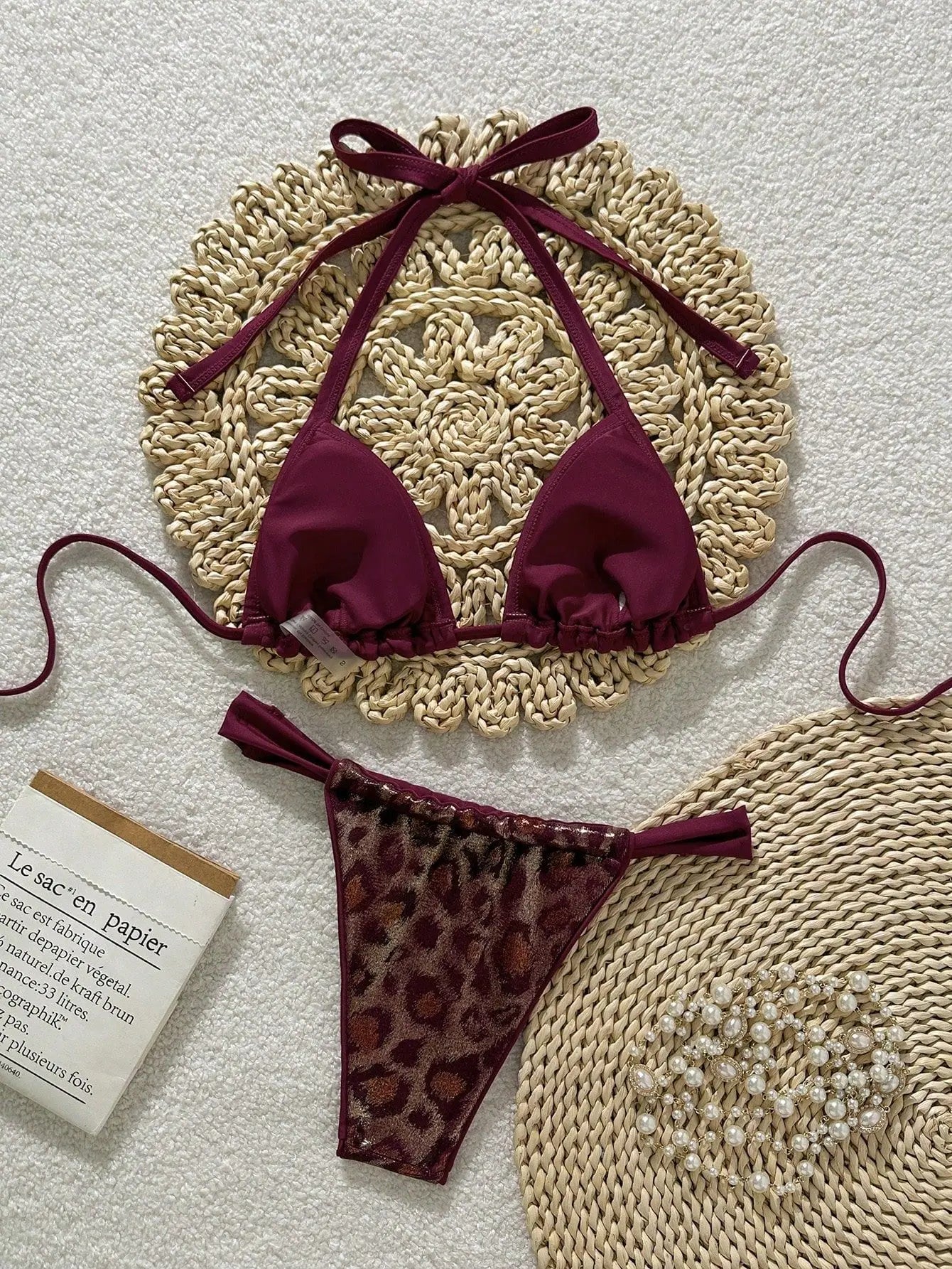 Shiny Brozing Wine Leopard Print Bikini Push Up Bra Pleate Triangle Swimsuit Beach Bathing Suit