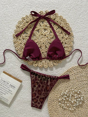 Shiny Brozing Wine Leopard Print Bikini Push Up Bra Pleate Triangle Swimsuit Beach Bathing Suit