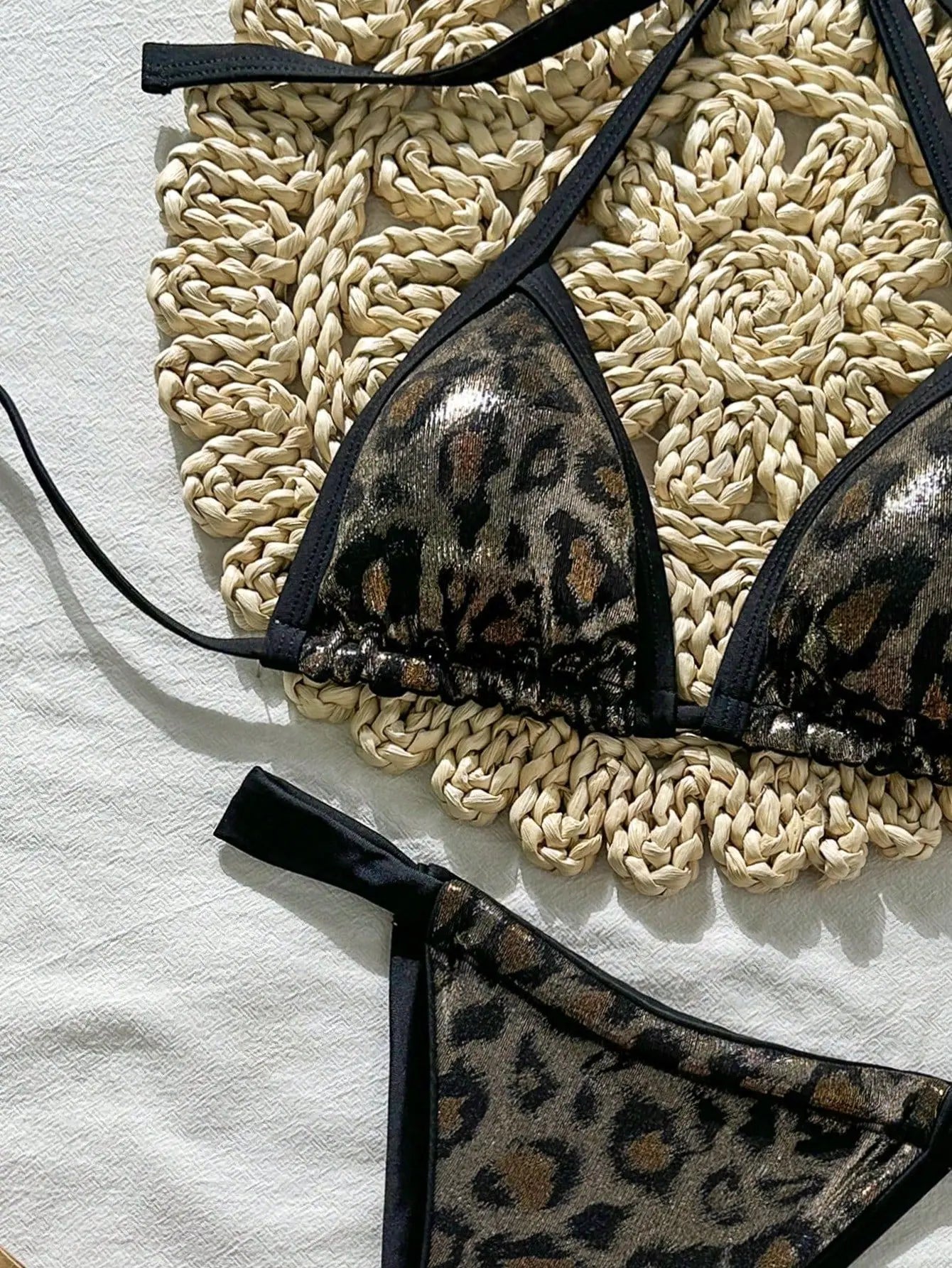 Shiny Brozing Wine Leopard Print Bikini Push Up Bra Pleate Triangle Swimsuit Beach Bathing Suit