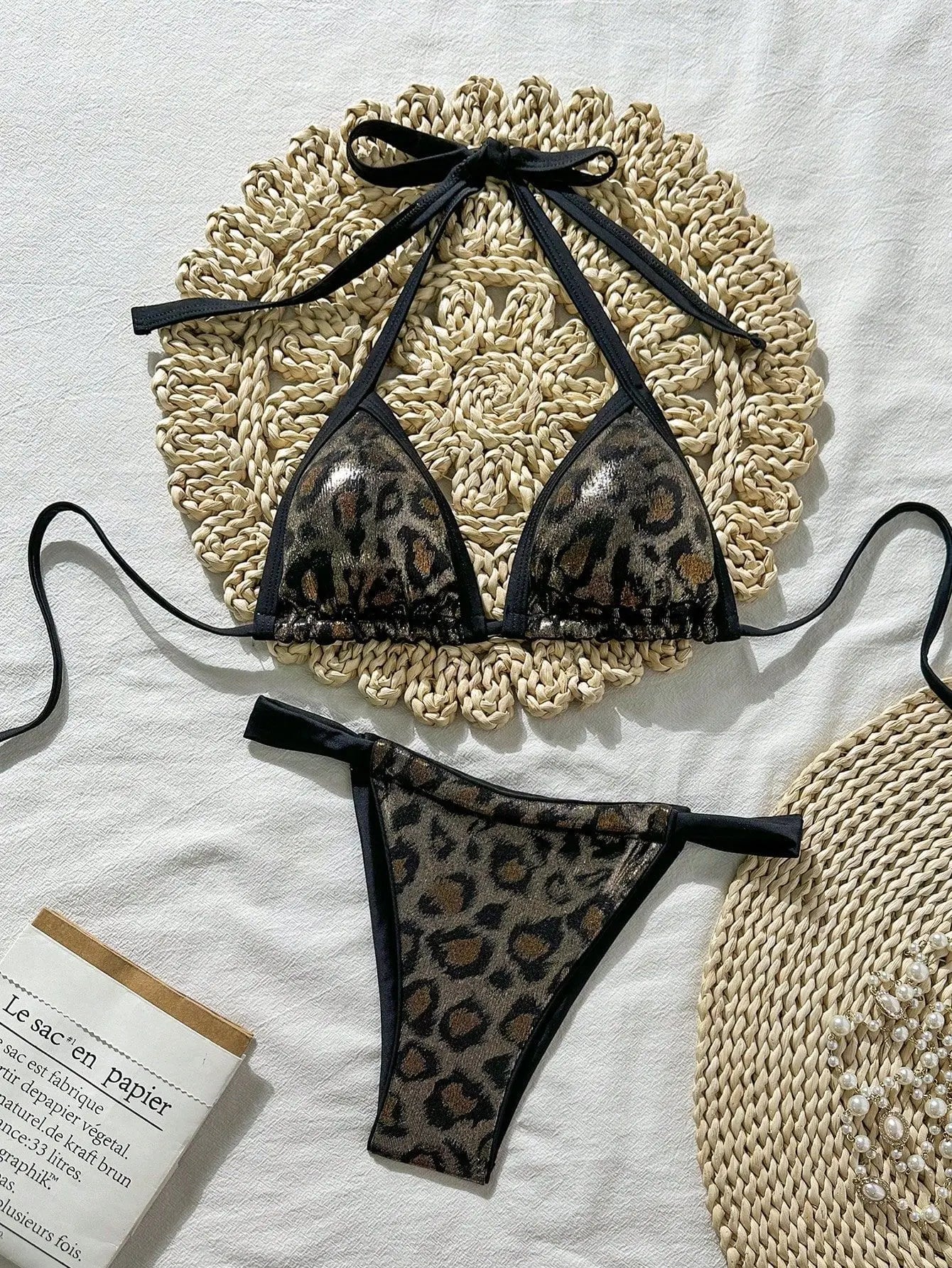 Shiny Brozing Wine Leopard Print Bikini Push Up Bra Pleate Triangle Swimsuit Beach Bathing Suit