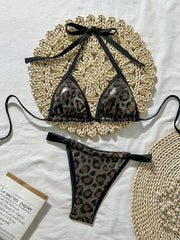 Shiny Brozing Wine Leopard Print Bikini Push Up Bra Pleate Triangle Swimsuit Beach Bathing Suit