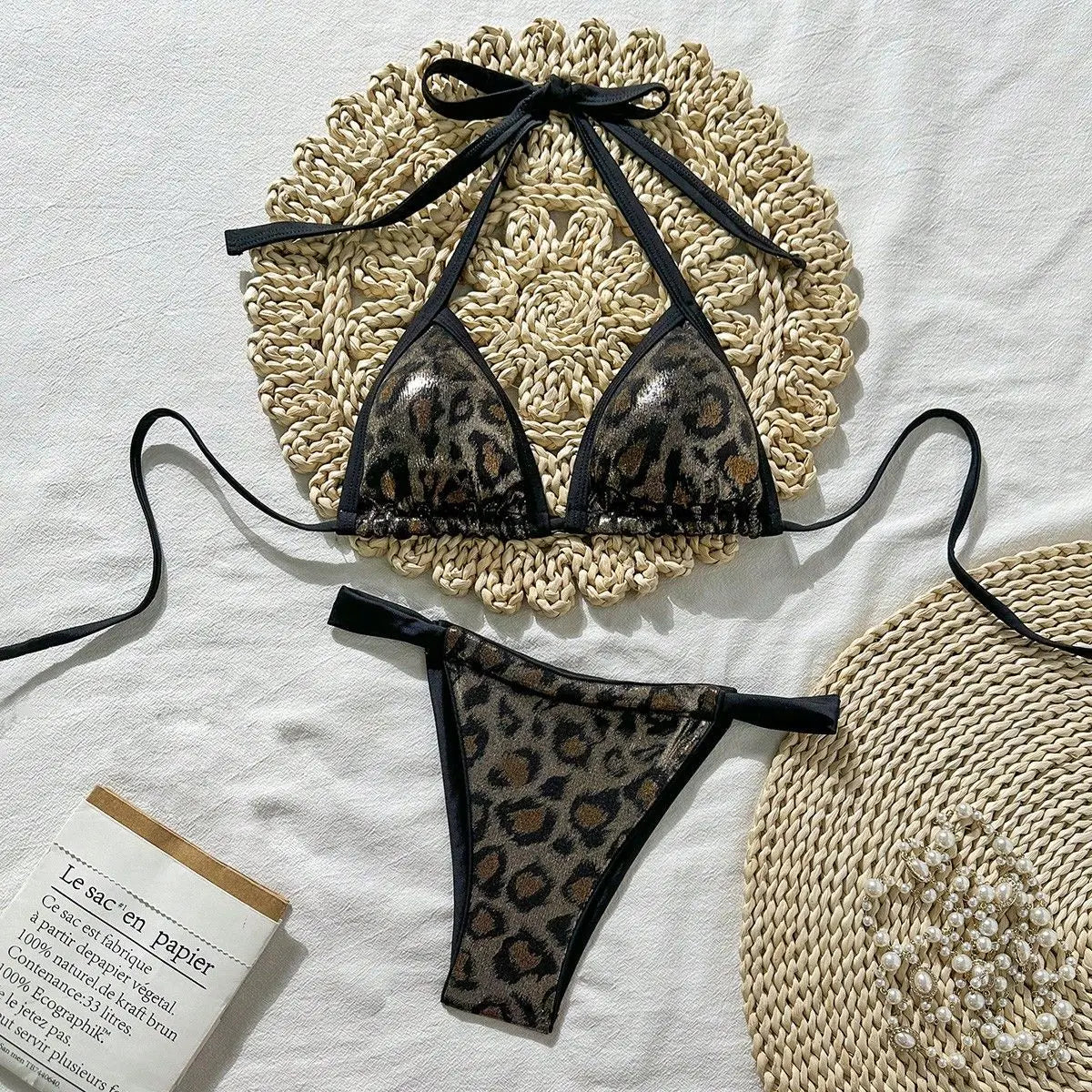 Shiny Brozing Wine Leopard Print Bikini Push Up Bra Pleate Triangle Swimsuit Beach Bathing Suit
