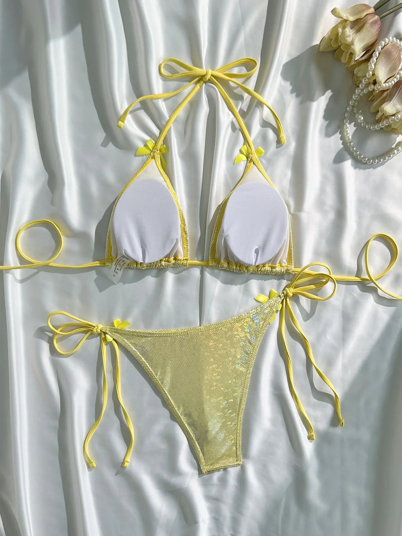 Shiny Neon Green Micro Bikini Bow Strap Push Up Tie Side Thong Swimsuit Brazilian Brozing Bathing Suit  Swimwear