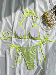 Shiny Neon Green Micro Bikini Bow Strap Push Up Tie Side Thong Swimsuit Brazilian Brozing Bathing Suit  Swimwear