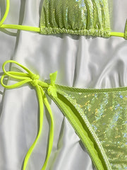 Shiny Neon Green Micro Bikini Bow Strap Push Up Tie Side Thong Swimsuit Brazilian Brozing Bathing Suit  Swimwear