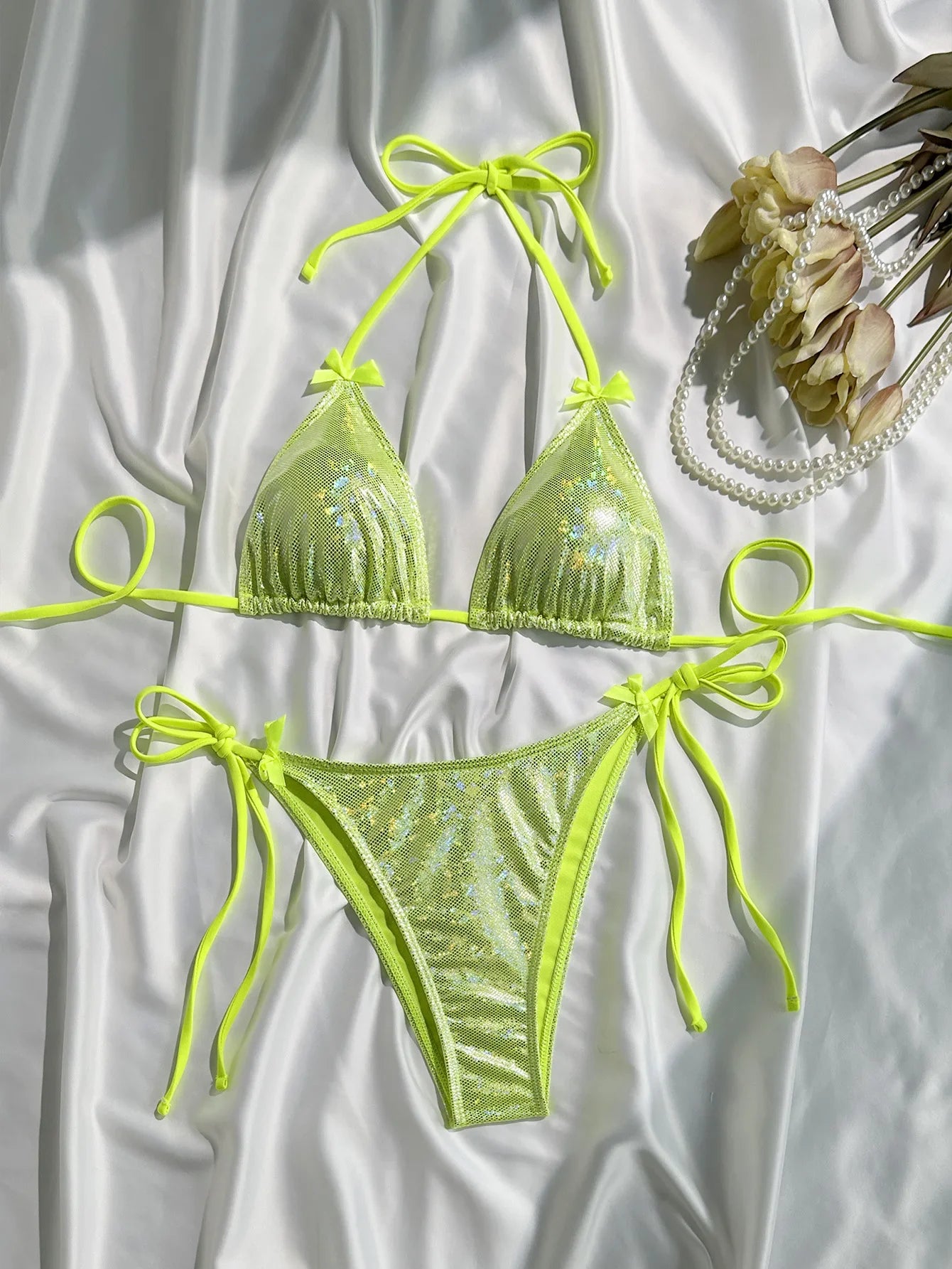 Shiny Neon Green Micro Bikini Bow Strap Push Up Tie Side Thong Swimsuit Brazilian Brozing Bathing Suit  Swimwear