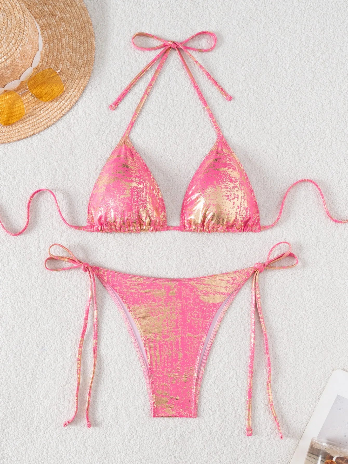 Shiny Pink Bronzing Gradient Bikini Set