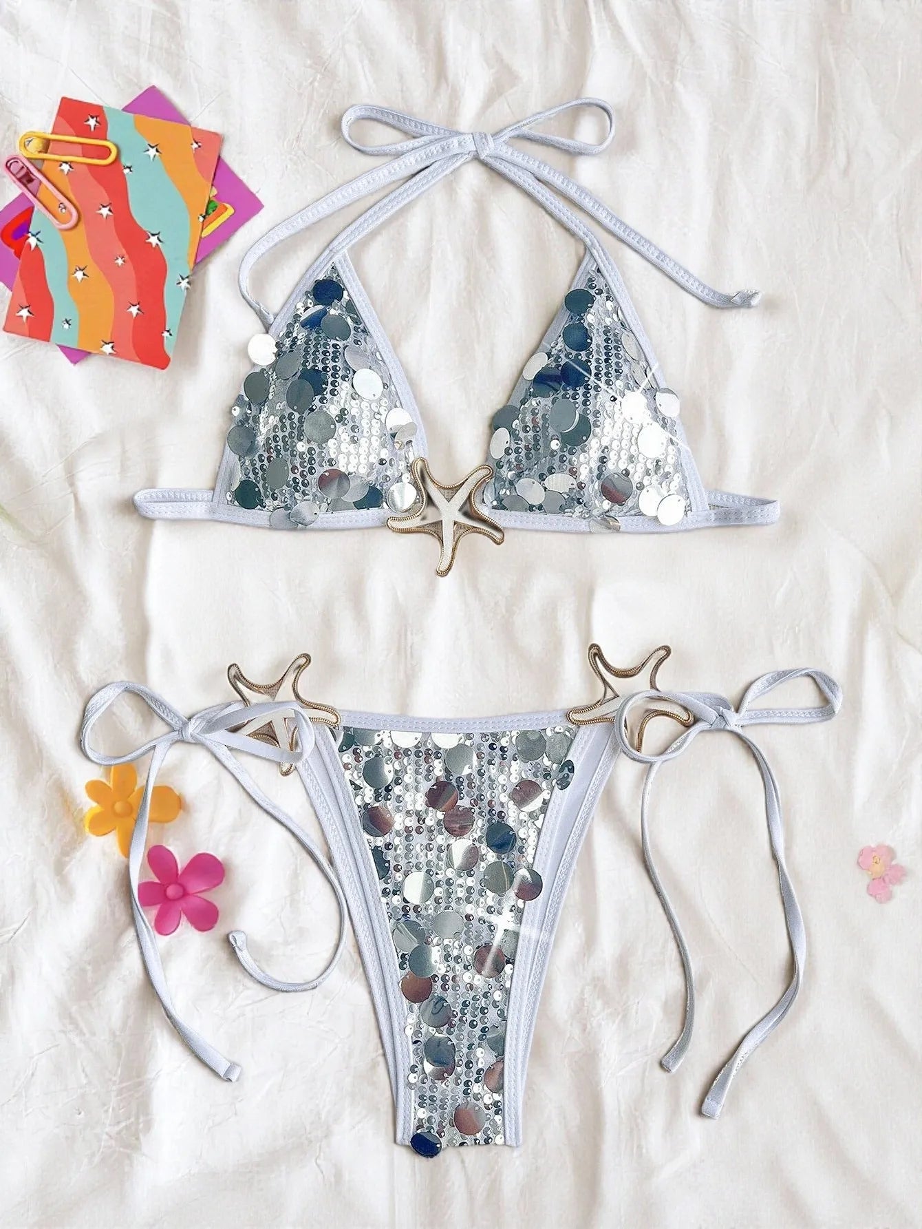 Shiny Sequin Black Micro Bikini Starfish Push Up Bra Holiday Swimsuit Beach Bathing Suit Tie Side Thong Swimwear