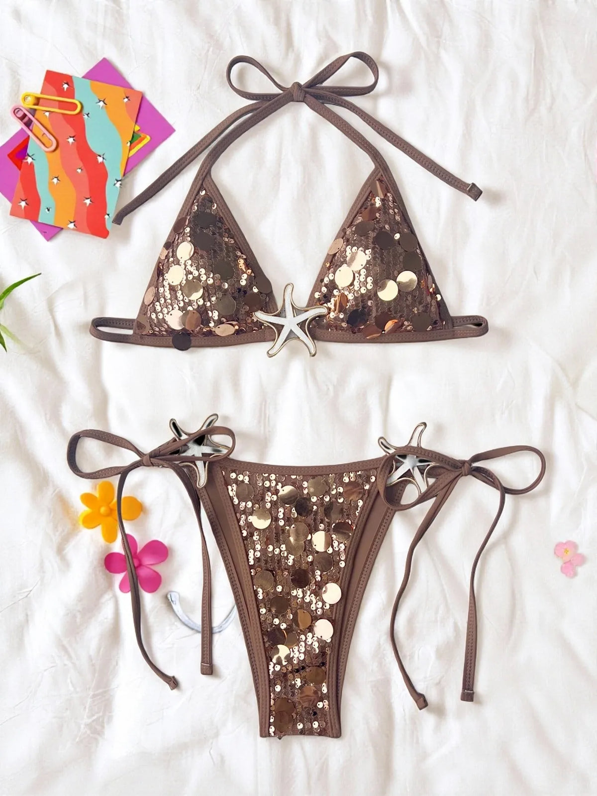 Shiny Sequin Black Micro Bikini Starfish Push Up Bra Holiday Swimsuit Beach Bathing Suit Tie Side Thong Swimwear