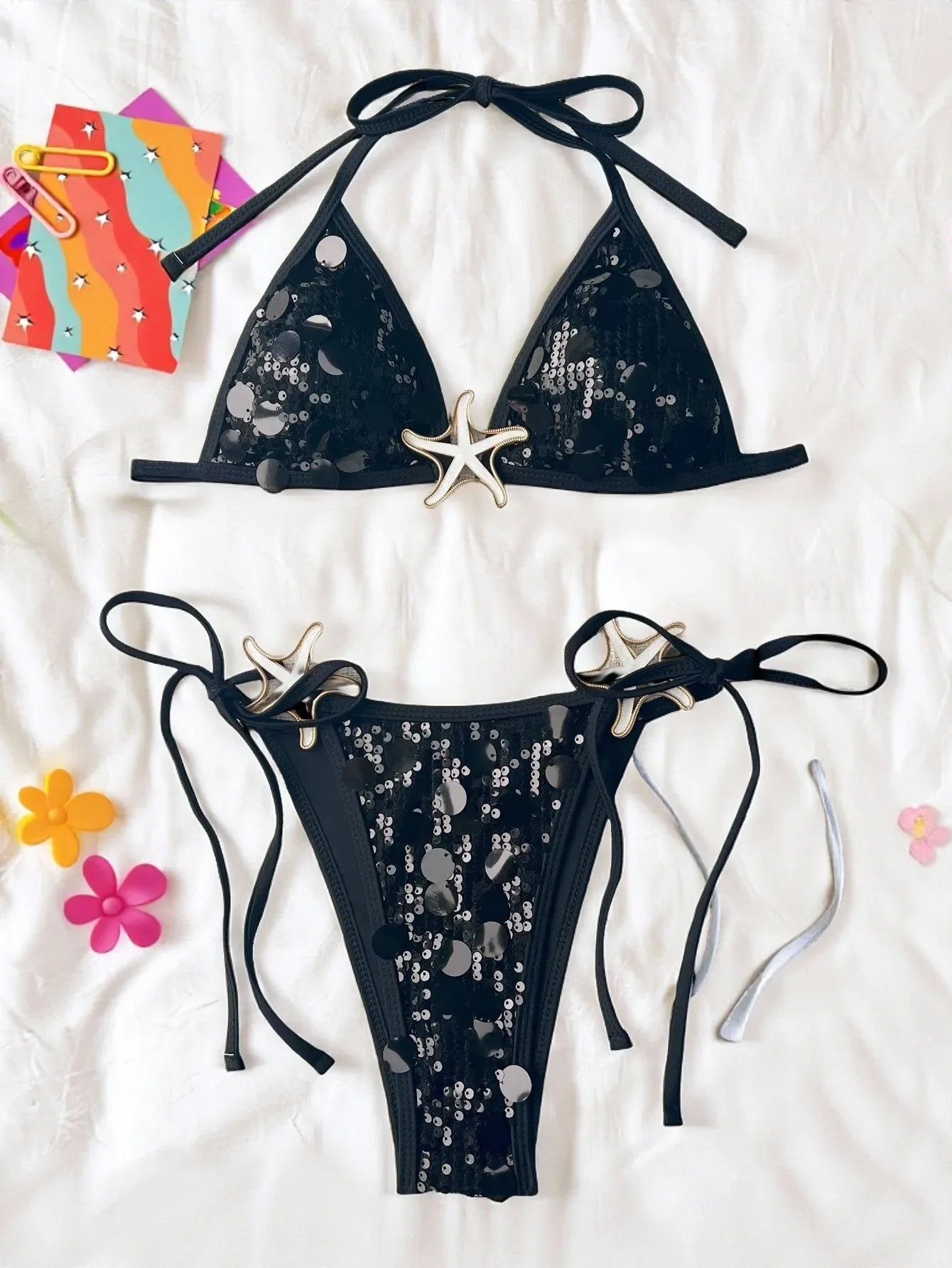 Shiny Sequin Black Micro Bikini Starfish Push Up Bra Holiday Swimsuit Beach Bathing Suit Tie Side Thong Swimwear