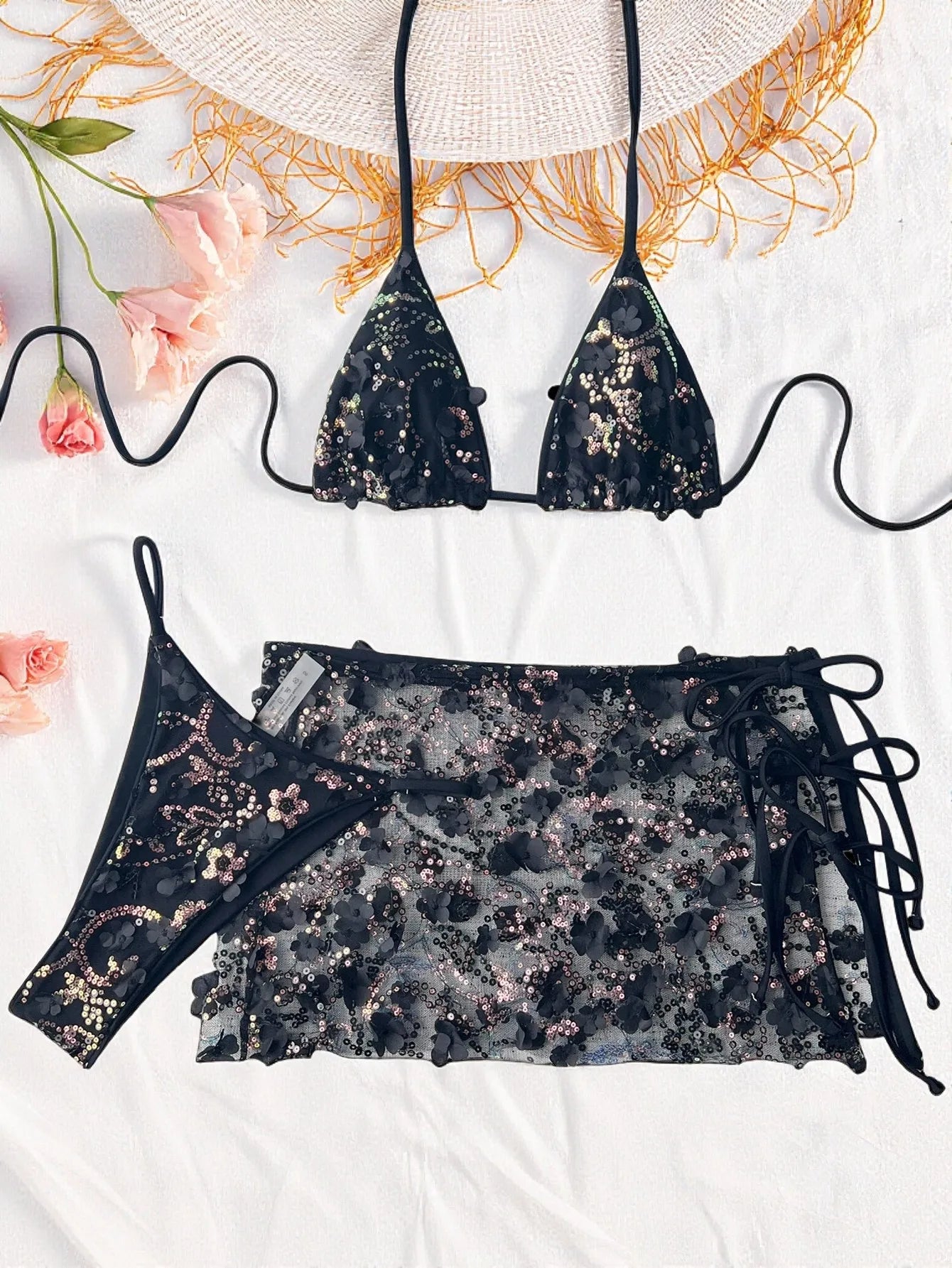 Shiny Sequin Black White Bikini Set