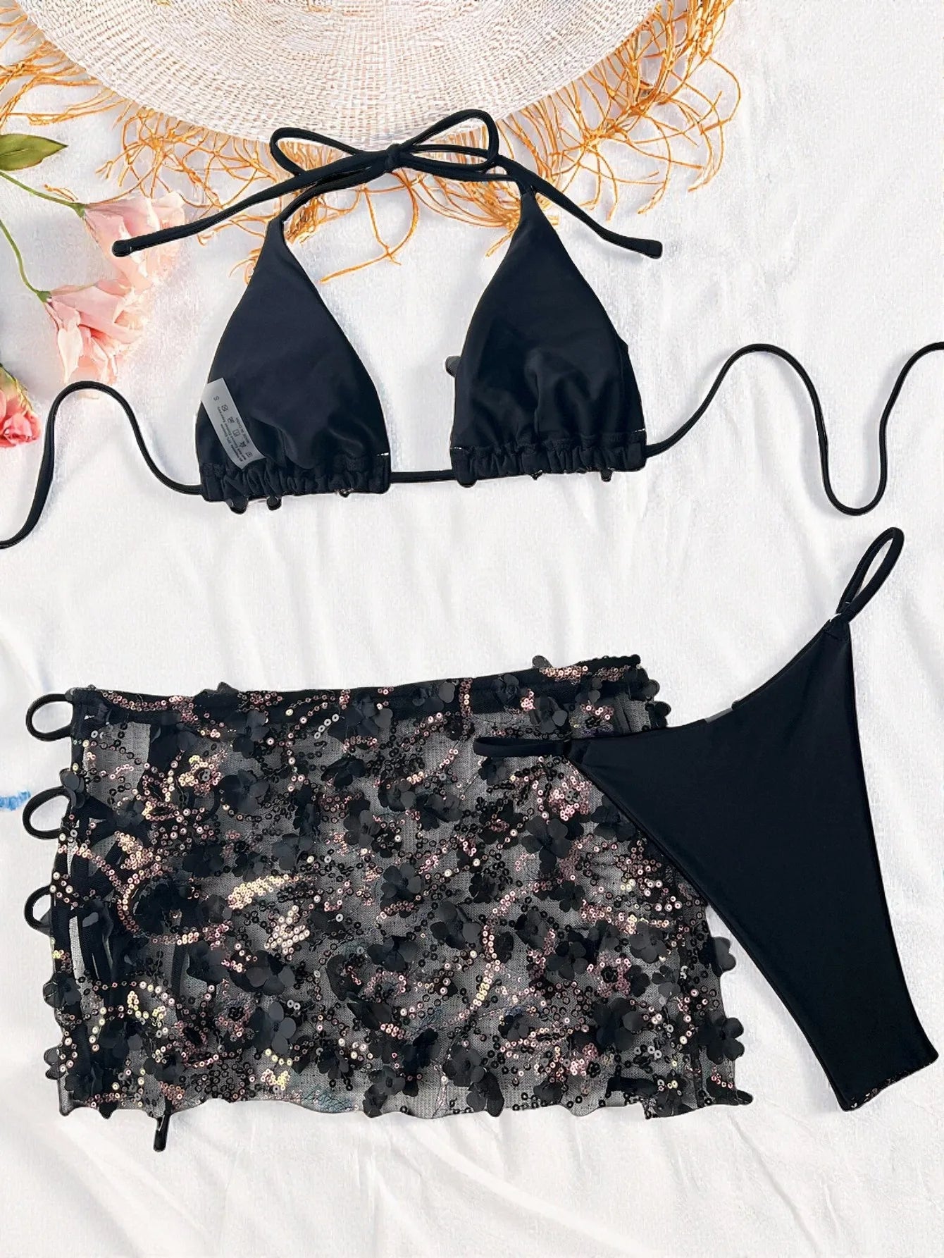 Shiny Sequin Black White Bikini Set