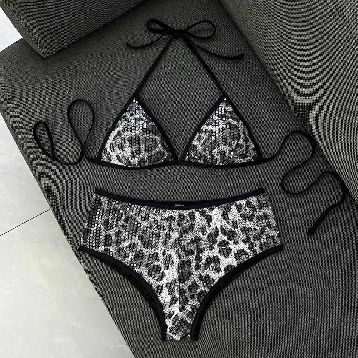 Shiny Sequin Coffee Leopard Print Bikini Set