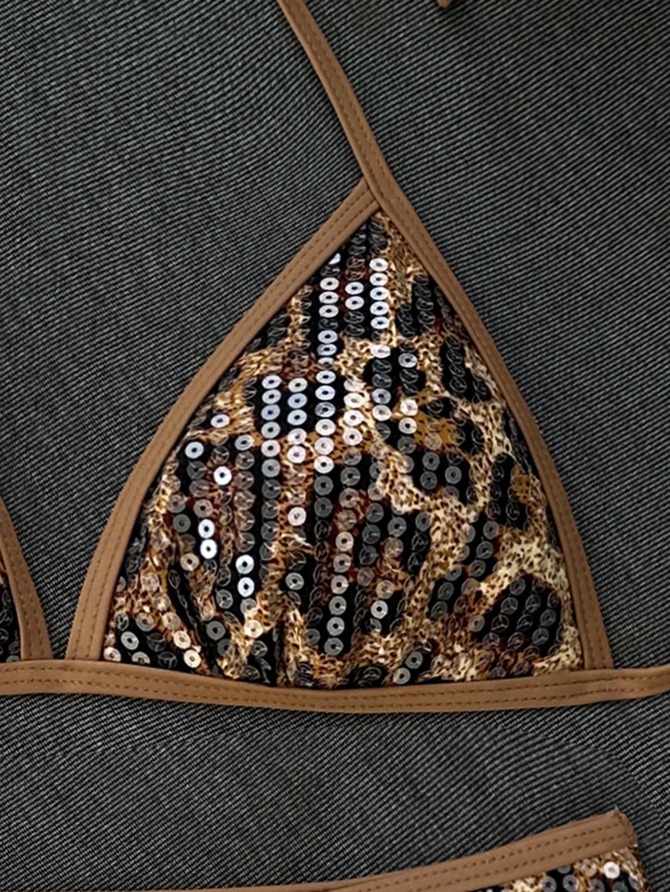 Shiny Sequin Coffee Leopard Print Bikini Set