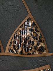 Shiny Sequin Coffee Leopard Print Bikini Set