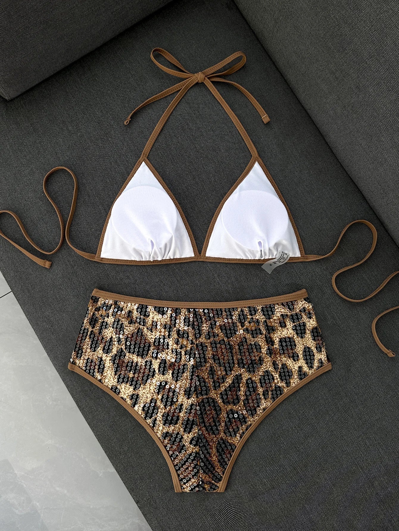 Shiny Sequin Coffee Leopard Print Bikini Set
