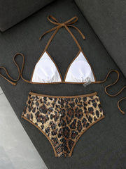 Shiny Sequin Coffee Leopard Print Bikini Set