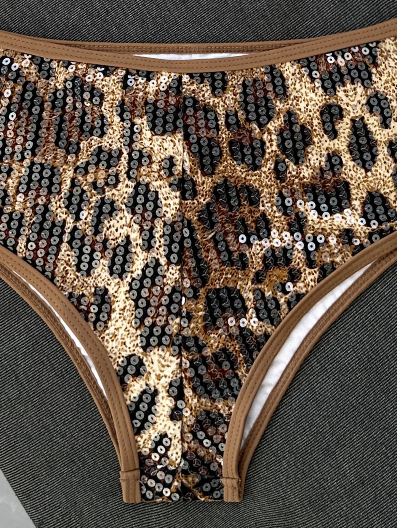 Shiny Sequin Coffee Leopard Print Bikini Set