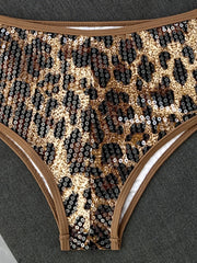 Shiny Sequin Coffee Leopard Print Bikini Set