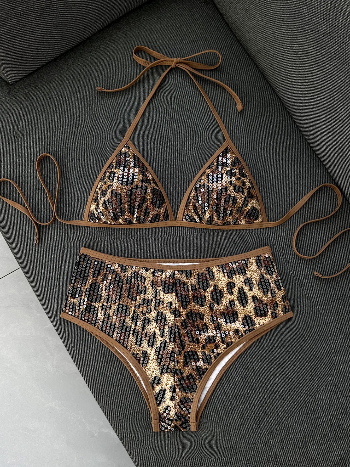 Shiny Sequin Coffee Leopard Print Bikini Set