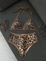 Shiny Sequin Coffee Leopard Print Bikini Set