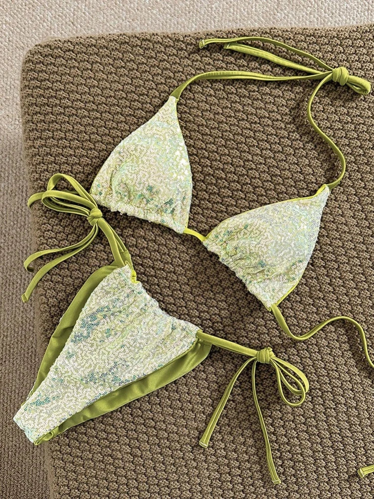 Shiny Sequin Green Patchwork Micro Bikini Halter Push Up Bra Thong Swimsuit Bathing Suit