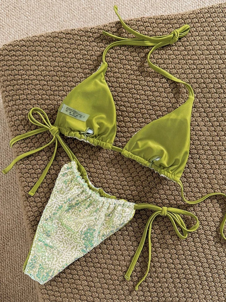 Shiny Sequin Green Patchwork Micro Bikini Halter Push Up Bra Thong Swimsuit Bathing Suit