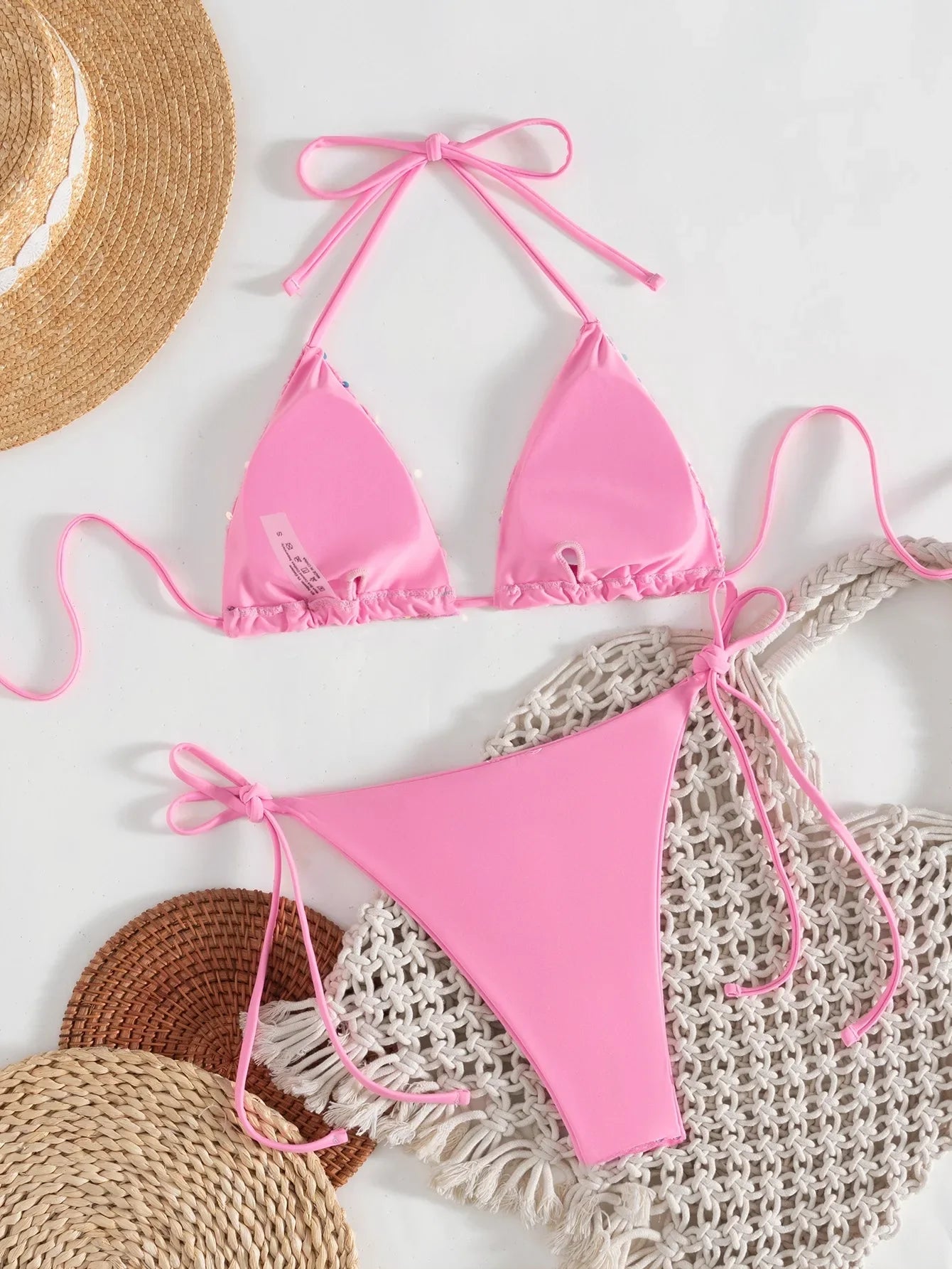 Shiny Sequin Pink Micro Bikini Push Up Bra Tie Side Thong Swimsuit Bathing Suit Biquini