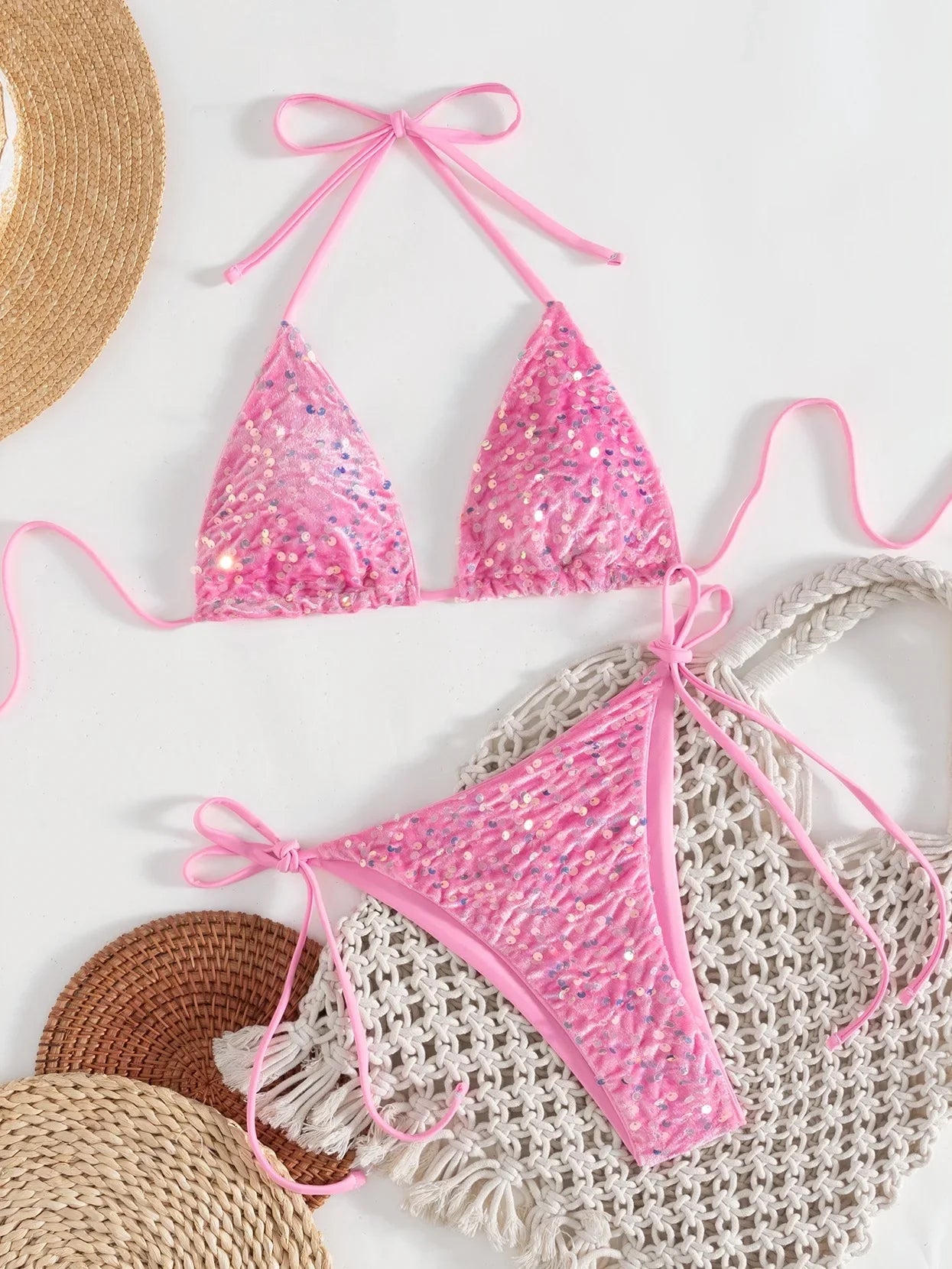 Shiny Sequin Pink Micro Bikini Push Up Bra Tie Side Thong Swimsuit Bathing Suit Biquini