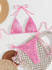 Shiny Sequin Pink Micro Bikini Push Up Bra Tie Side Thong Swimsuit Bathing Suit Biquini