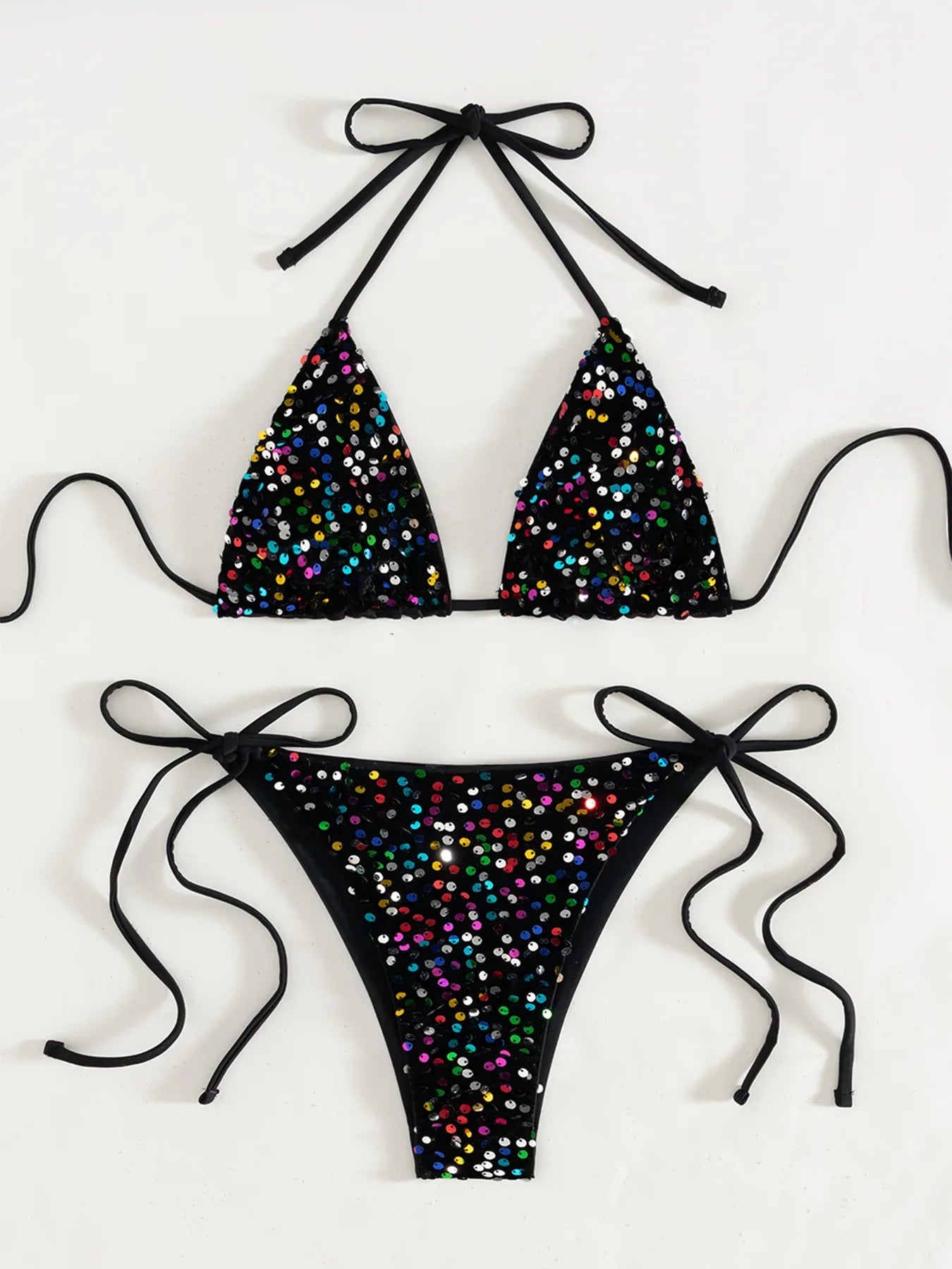 Shiny Sequin Pink Micro Bikini Push Up Bra Tie Side Thong Swimsuit Bathing Suit Biquini