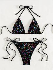 Shiny Sequin Pink Micro Bikini Push Up Bra Tie Side Thong Swimsuit Bathing Suit Biquini
