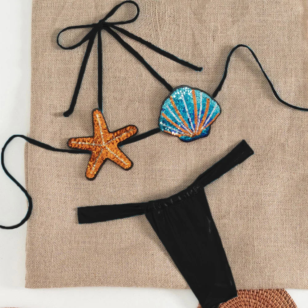 Shiny Sequin Shell Starfish Bikini Set