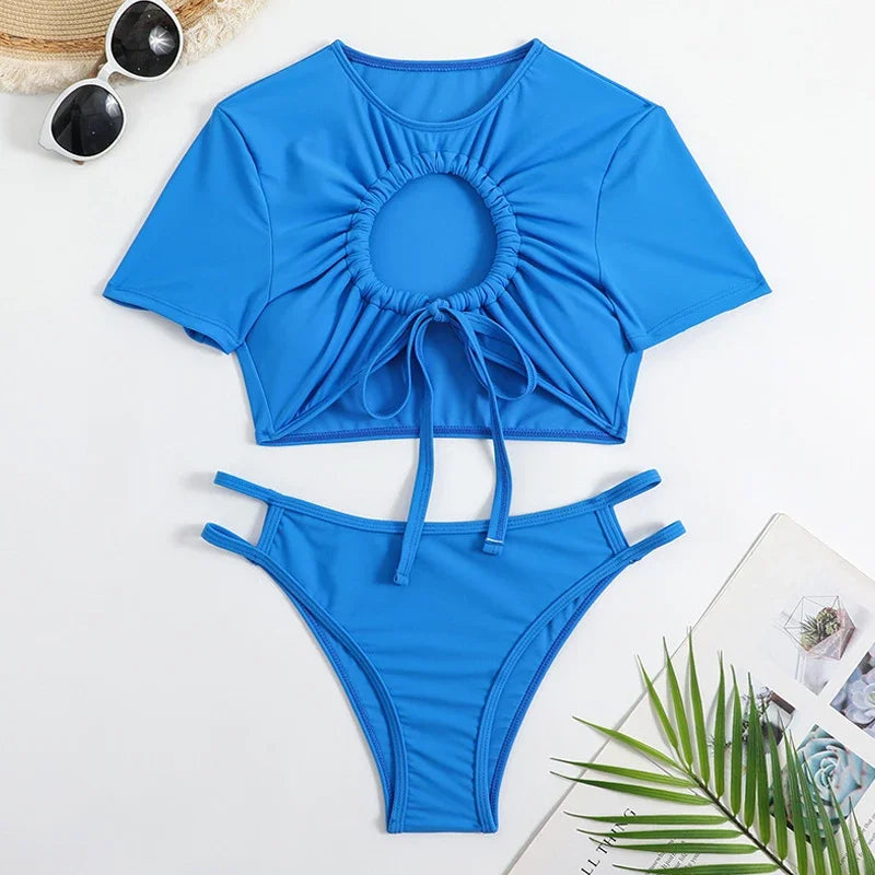 Short Sleeve Swimsuit Blue 2 Piece Bikini Hollow Out Drawstring Pleated Swimwear High Waist Bathing Suit Summer