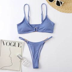 Solid Brown Swimsuit Micro 2-Piece V-neck Bikini Ribbed Push Up Backless Beach Bathing Suit Thong Swimwear
