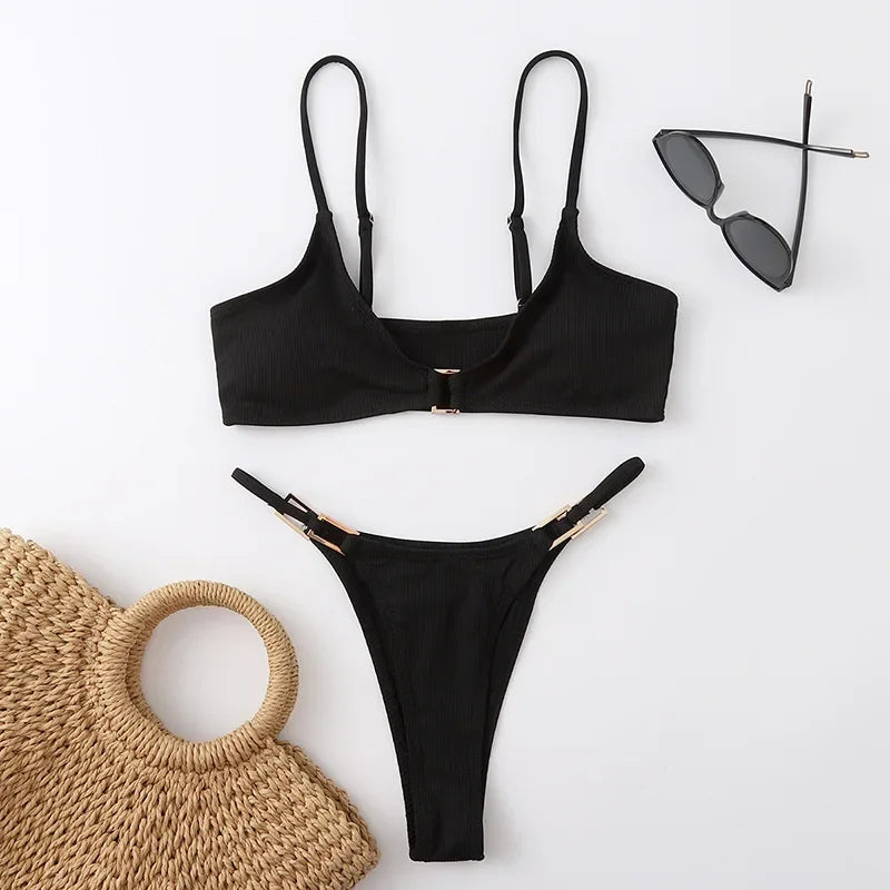 Solid Brown Swimsuit Micro 2-Piece V-neck Bikini Ribbed Push Up Backless Beach Bathing Suit Thong Swimwear