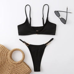Solid Brown Swimsuit Micro 2-Piece V-neck Bikini Ribbed Push Up Backless Beach Bathing Suit Thong Swimwear