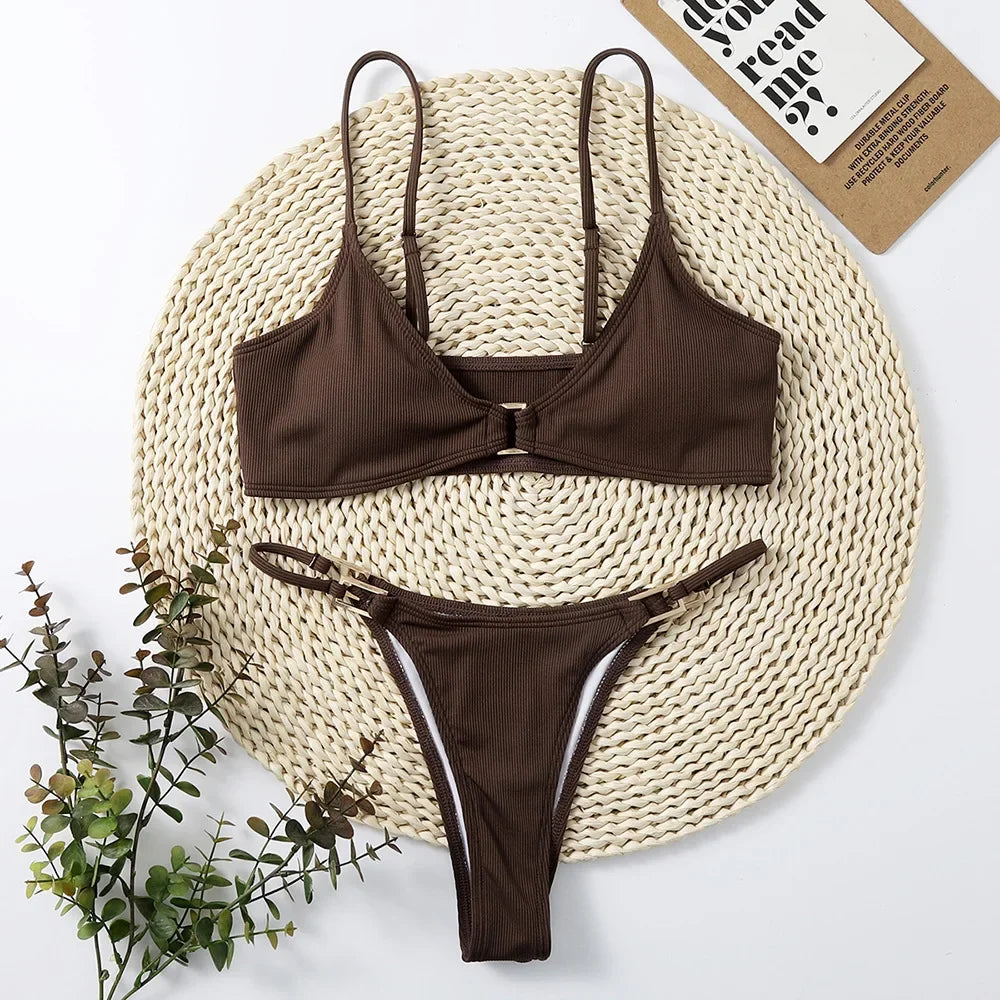 Solid Brown Swimsuit Micro 2-Piece V-neck Bikini Ribbed Push Up Backless Beach Bathing Suit Thong Swimwear