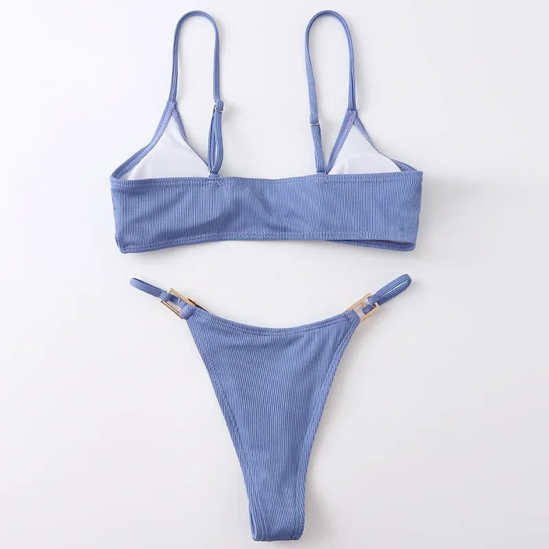 Solid Brown Swimsuit Micro 2-Piece V-neck Bikini Ribbed Push Up Backless Beach Bathing Suit Thong Swimwear