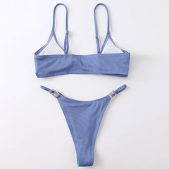 Solid Brown Swimsuit Micro 2-Piece V-neck Bikini Ribbed Push Up Backless Beach Bathing Suit Thong Swimwear